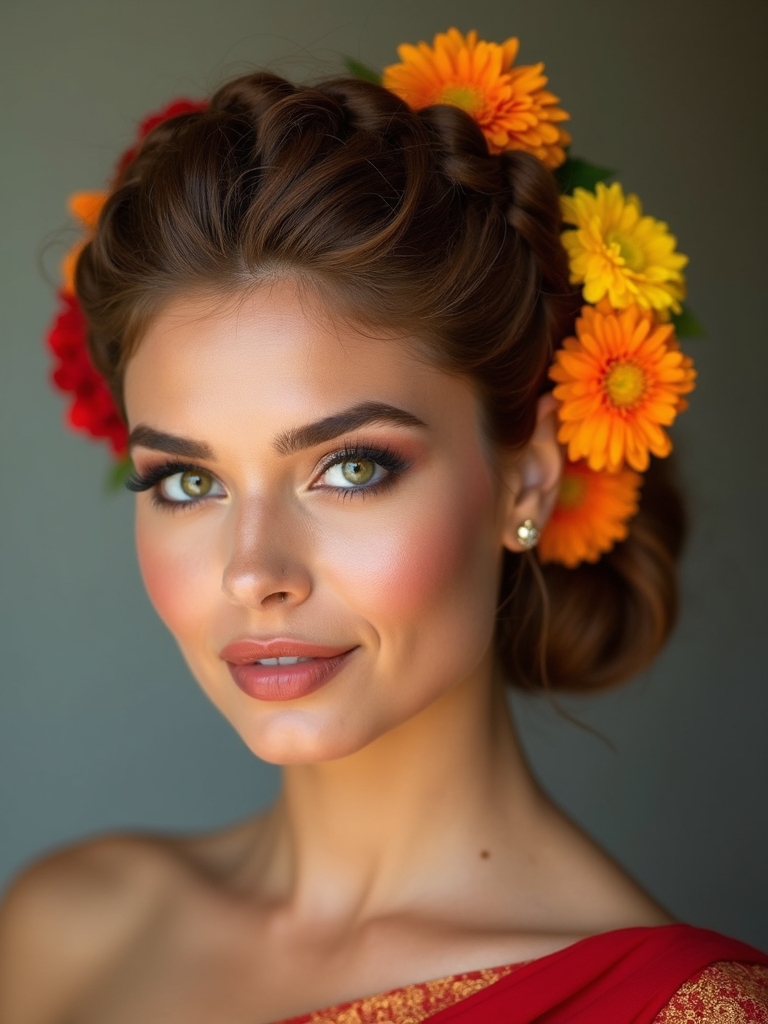 braided bun with marigolds