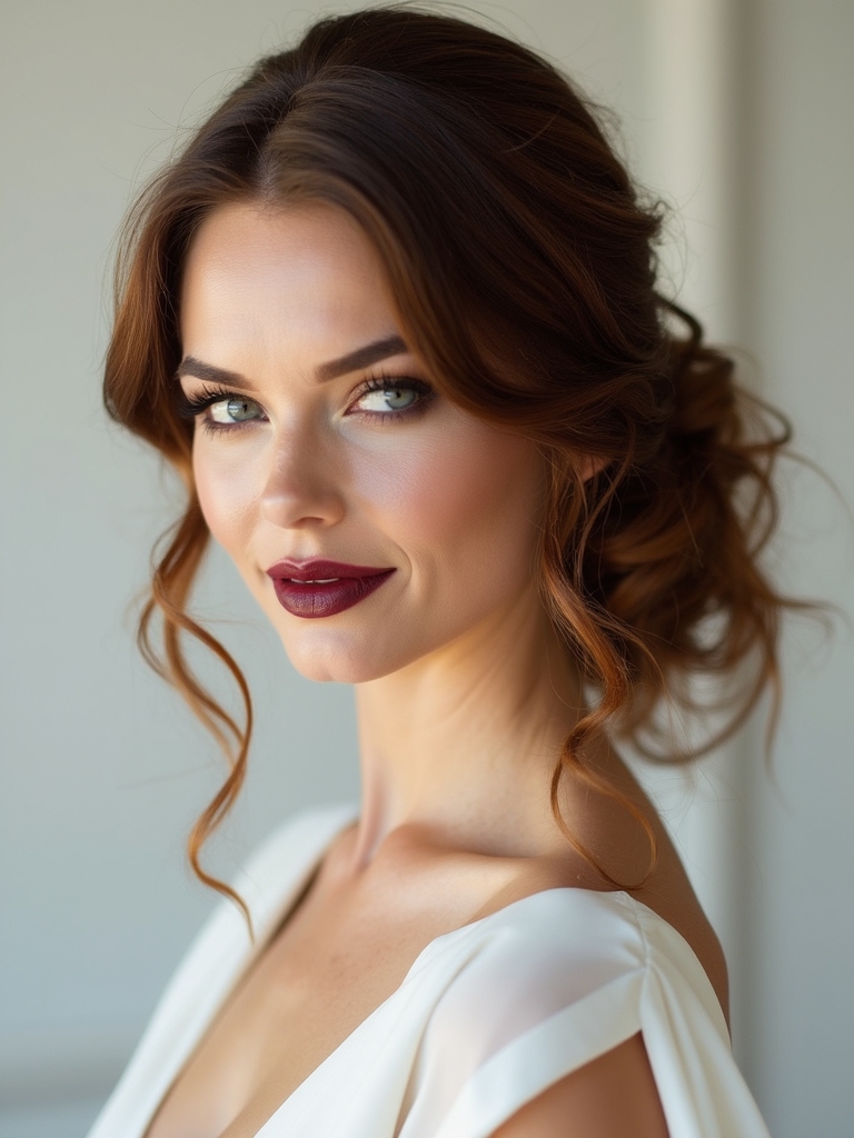 bridal hairstyle and dress harmony