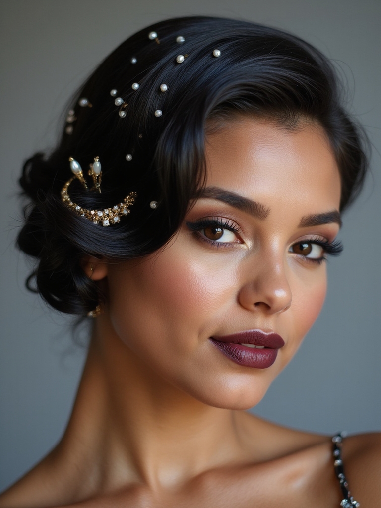 cropped hair adorned with pearls