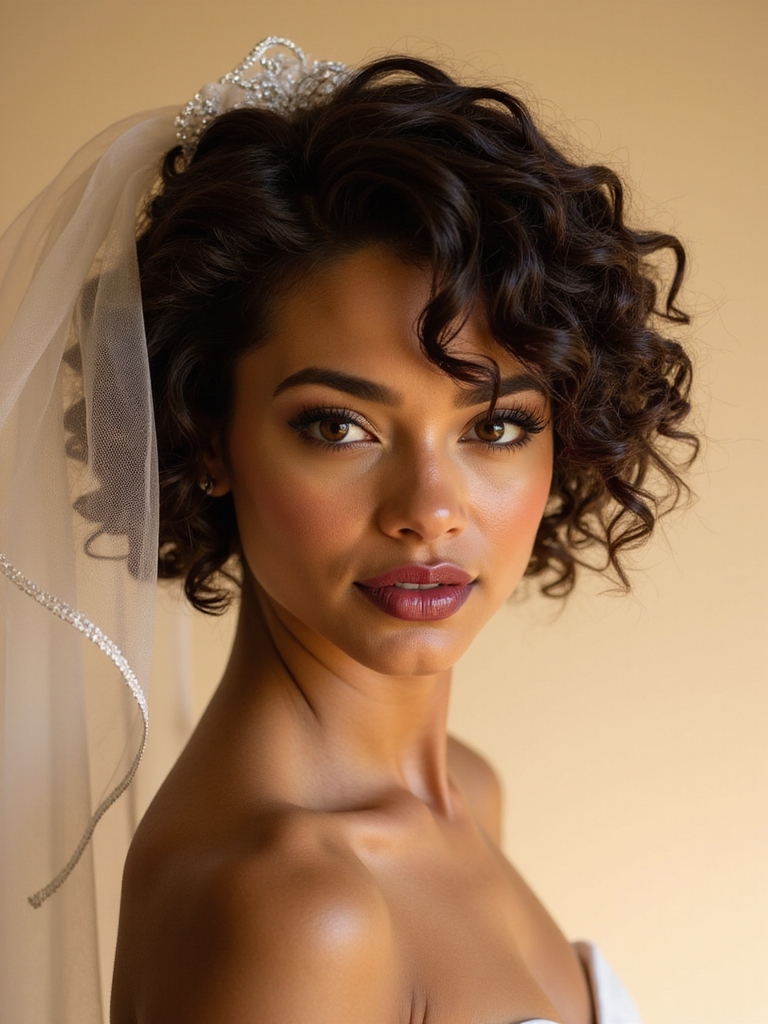 curly hair with veil