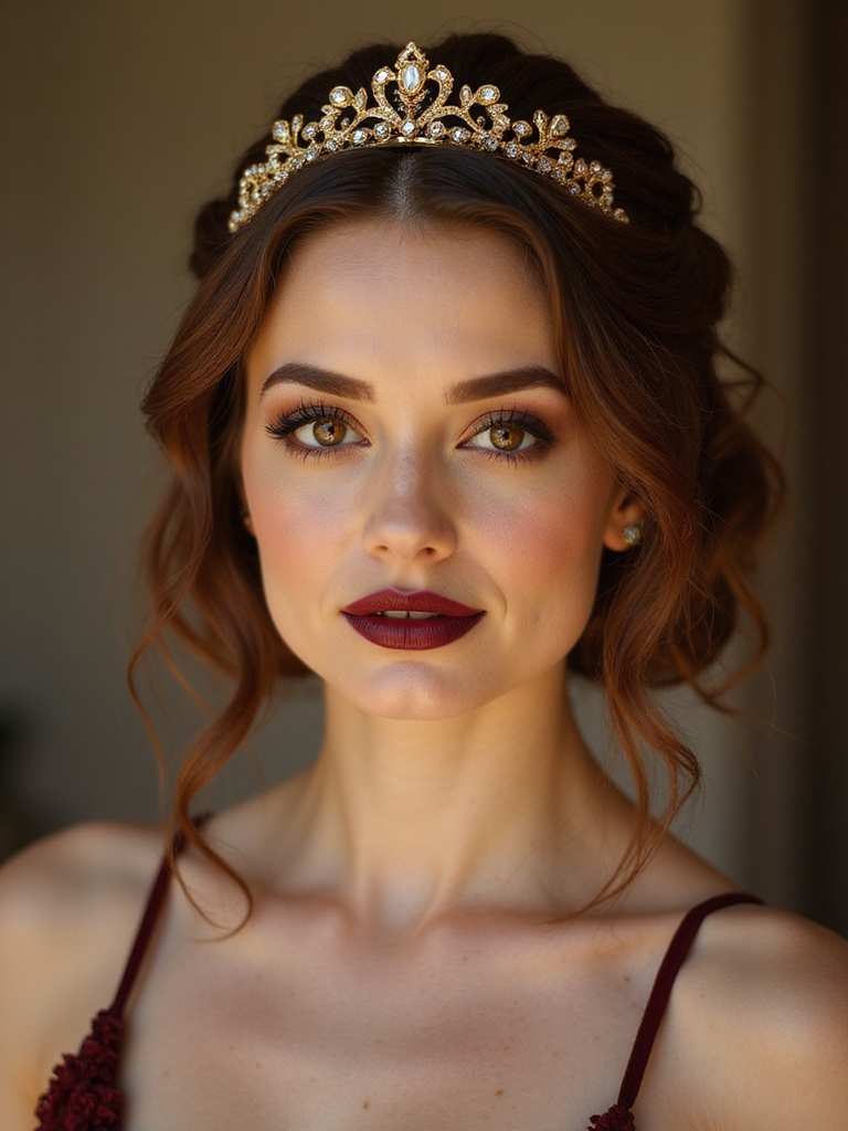 delicate tiara atop satin chignon