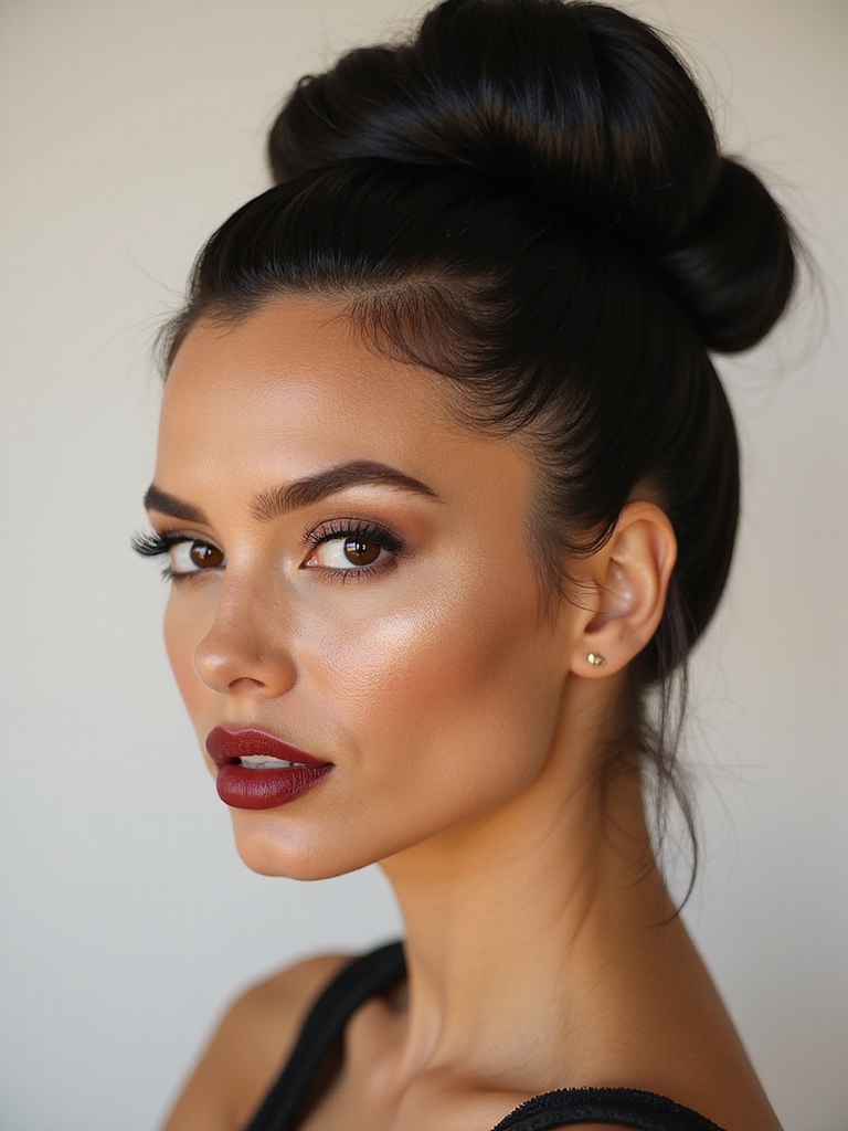 glossy high bun with accessories