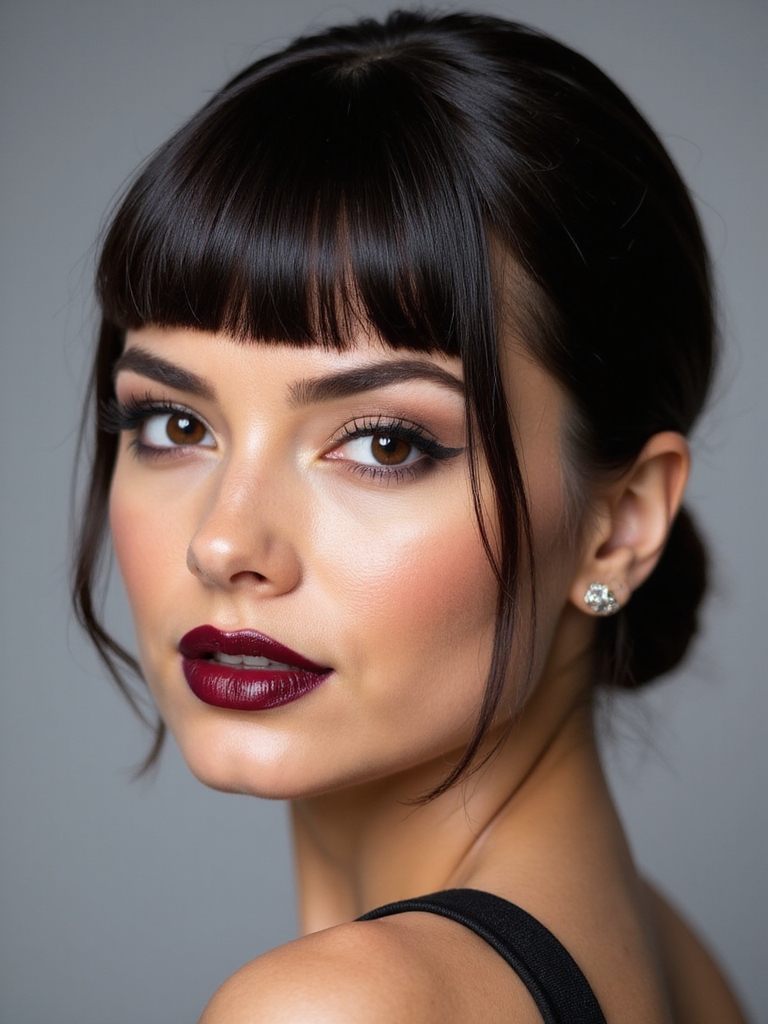 glossy low bun with blunt bangs