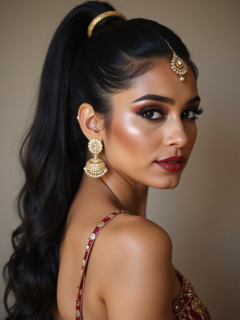 high sleek pony maang tikka