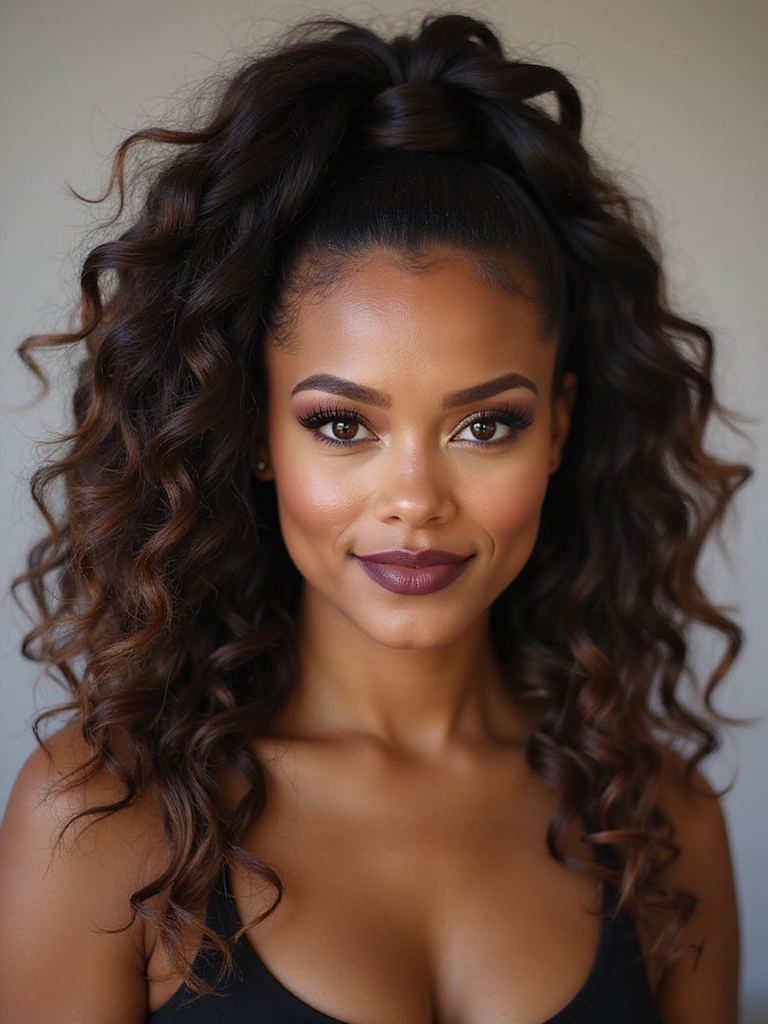 high volume glossy curly ponytail
