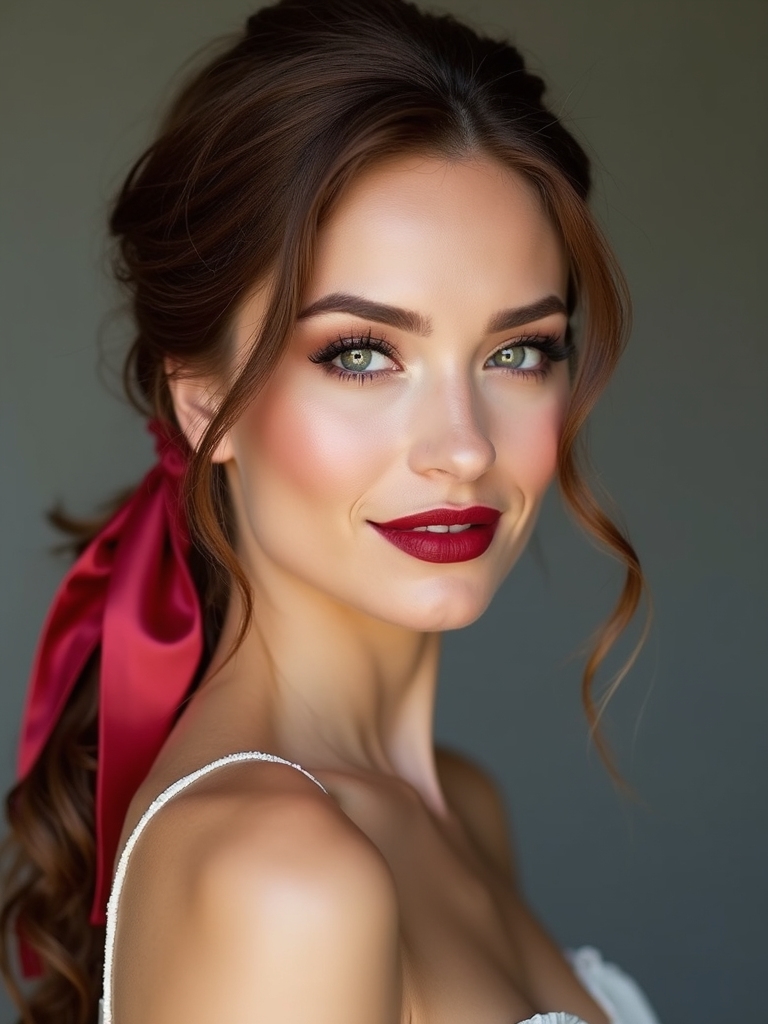 low half ponytail with ribbon
