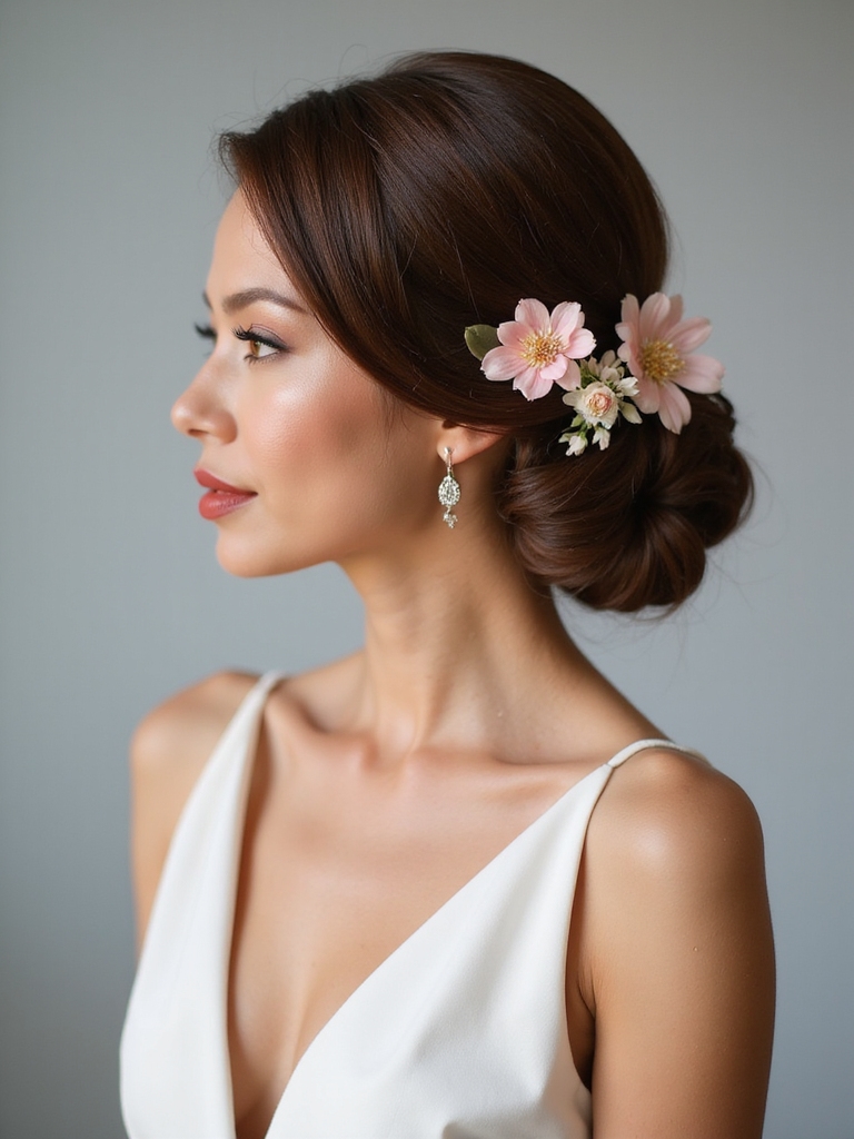 low twisted chignon with florals