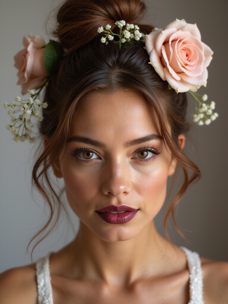 messy bun with florals