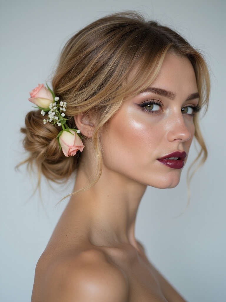 messy low bun with florals