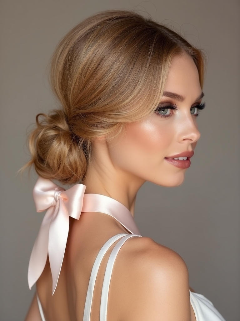 neat low bun with ribbon