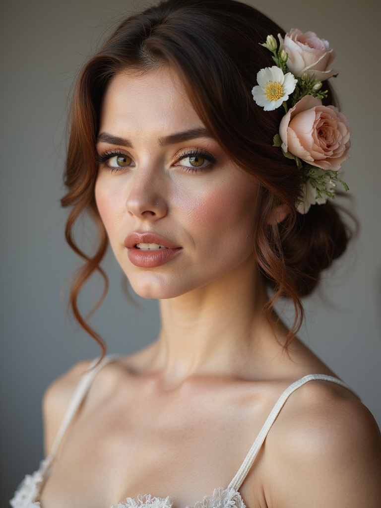 romantic low bun with florals