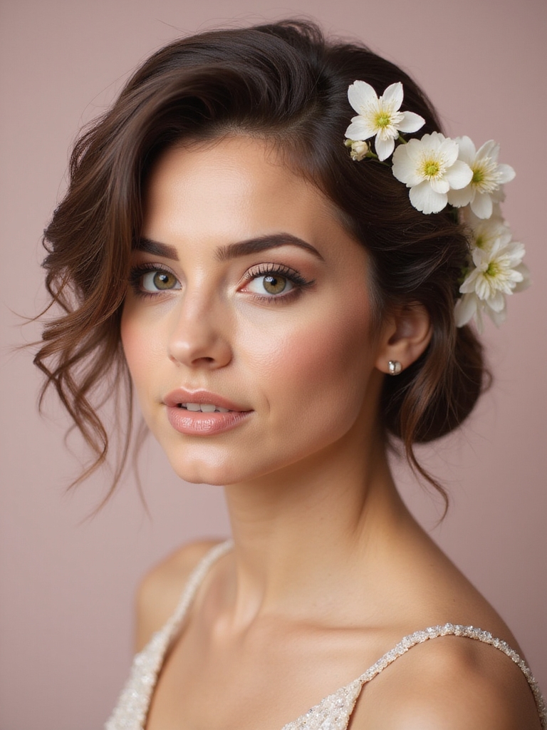 romantic side swept floral hairstyle
