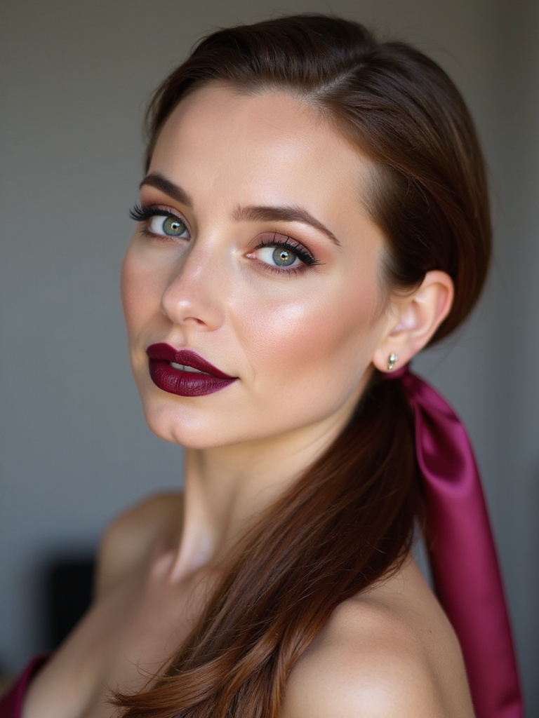 sleek angled ponytail with ribbon