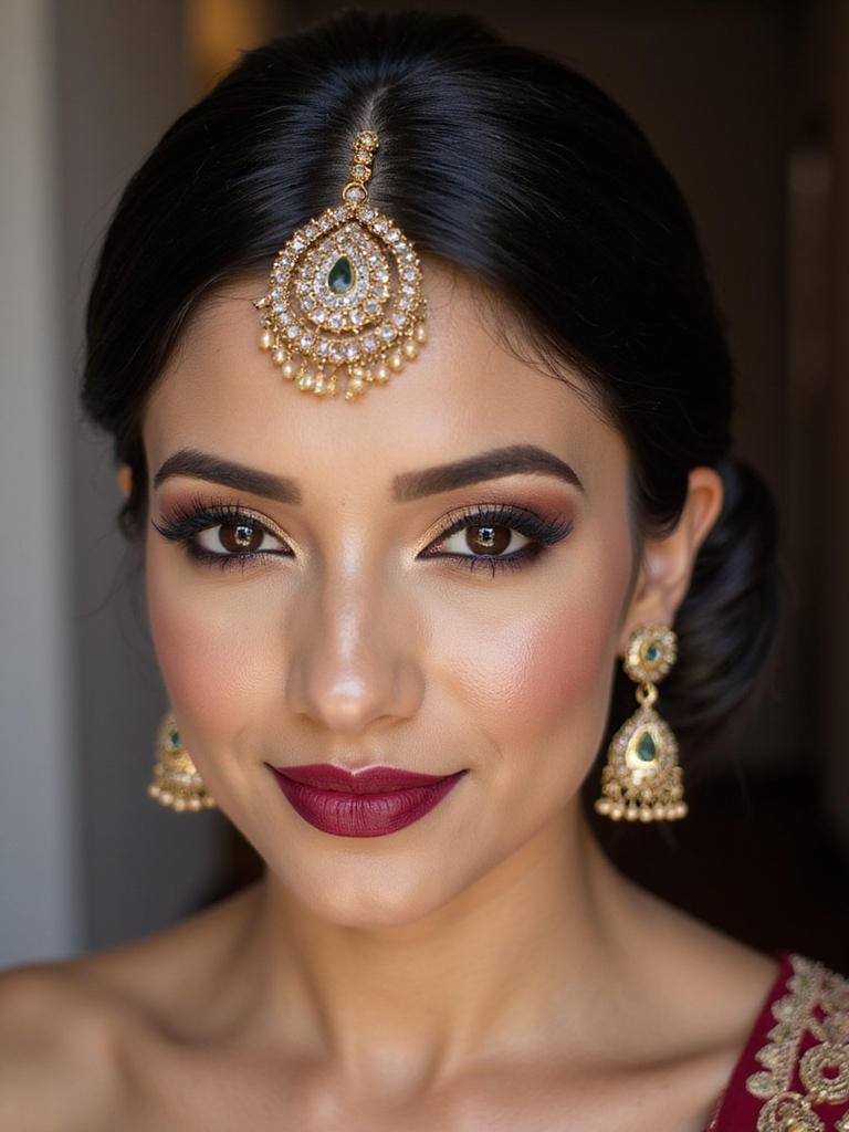 sleek bun bold maang tikka