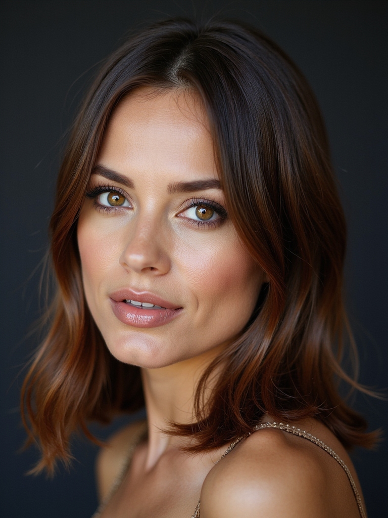 sleek glossy center parted hair
