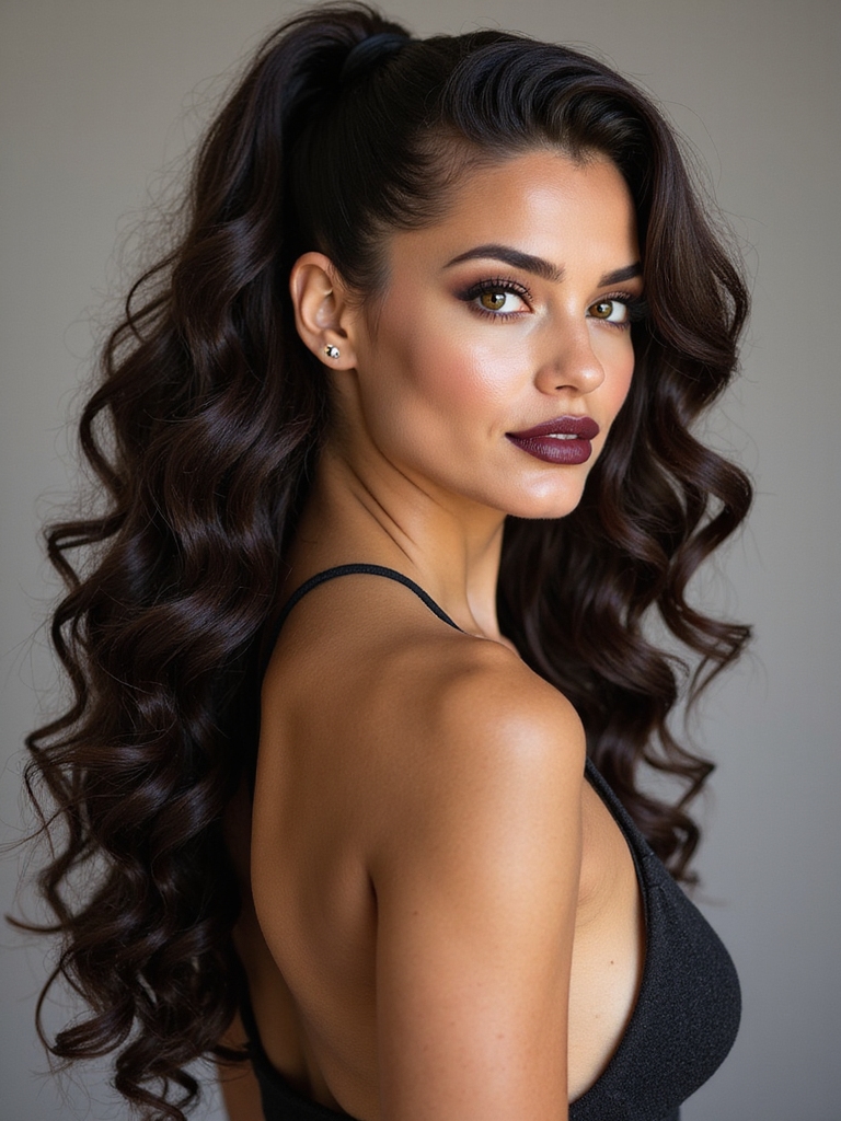 sleek glossy wrapped curly ponytail