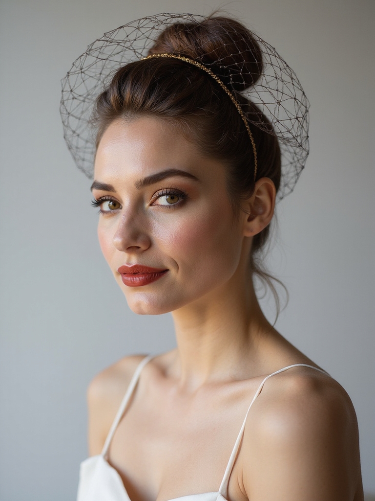sleek high bun birdcage veil
