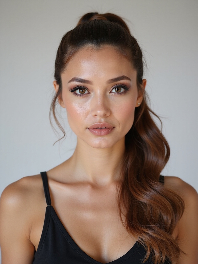 sleek mid height wrapped ponytail