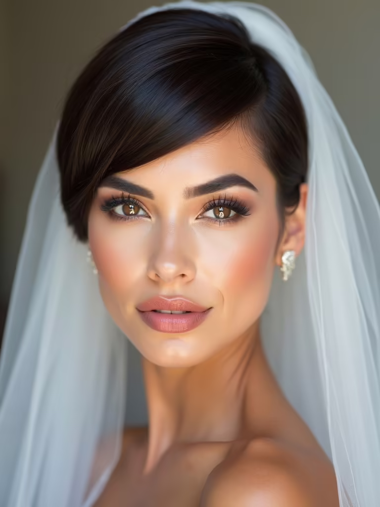 sleek pixie with cathedral veil