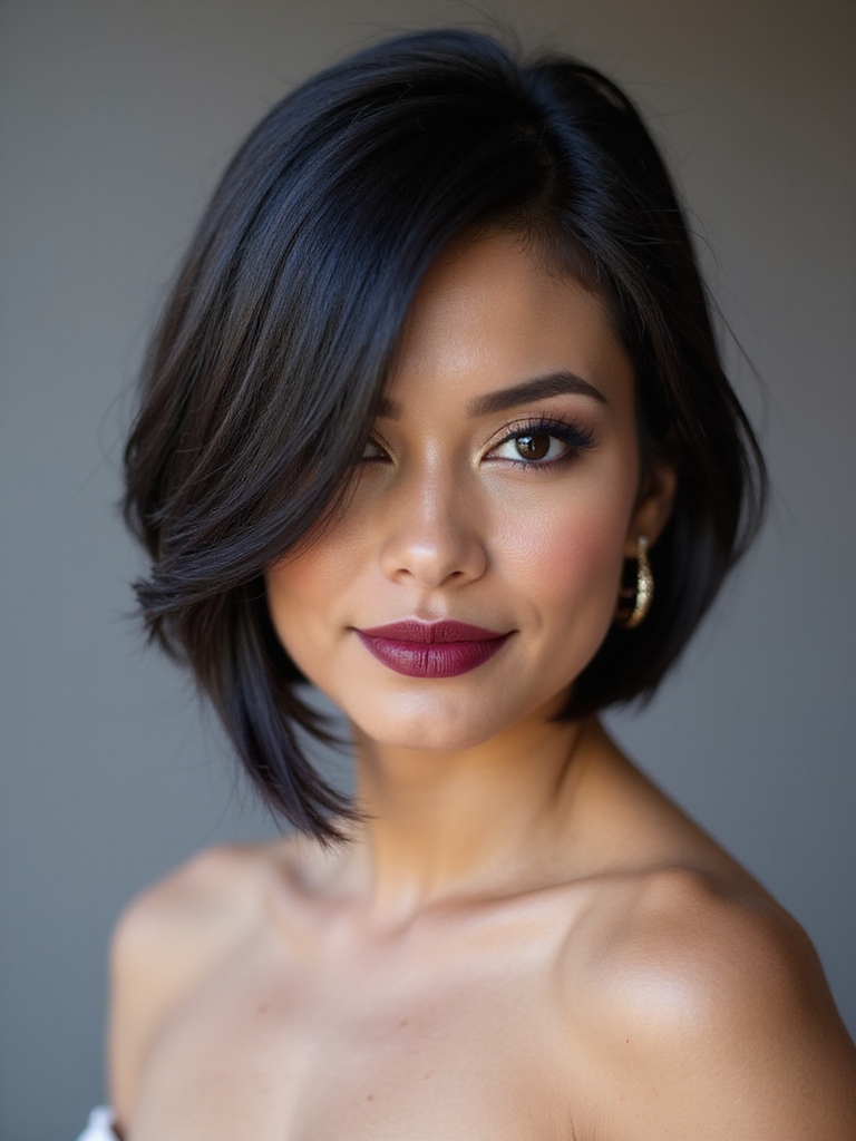sleek side parted short bob