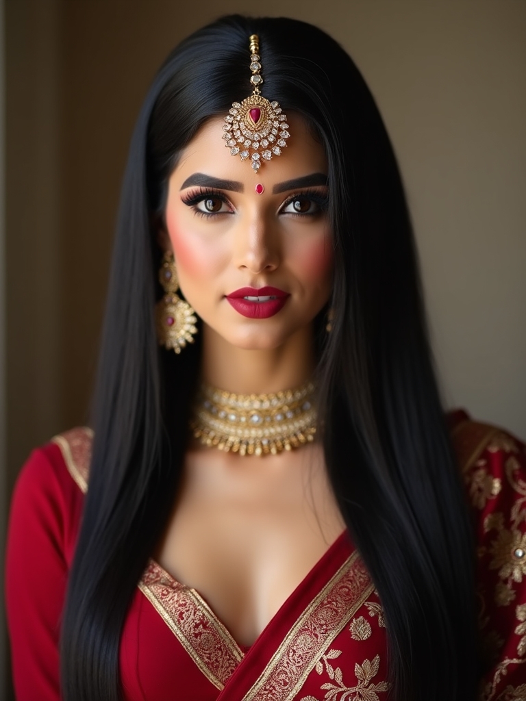 sleek straight hair ornate maang tikka