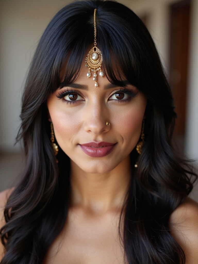 soft curtain bangs with matha patti