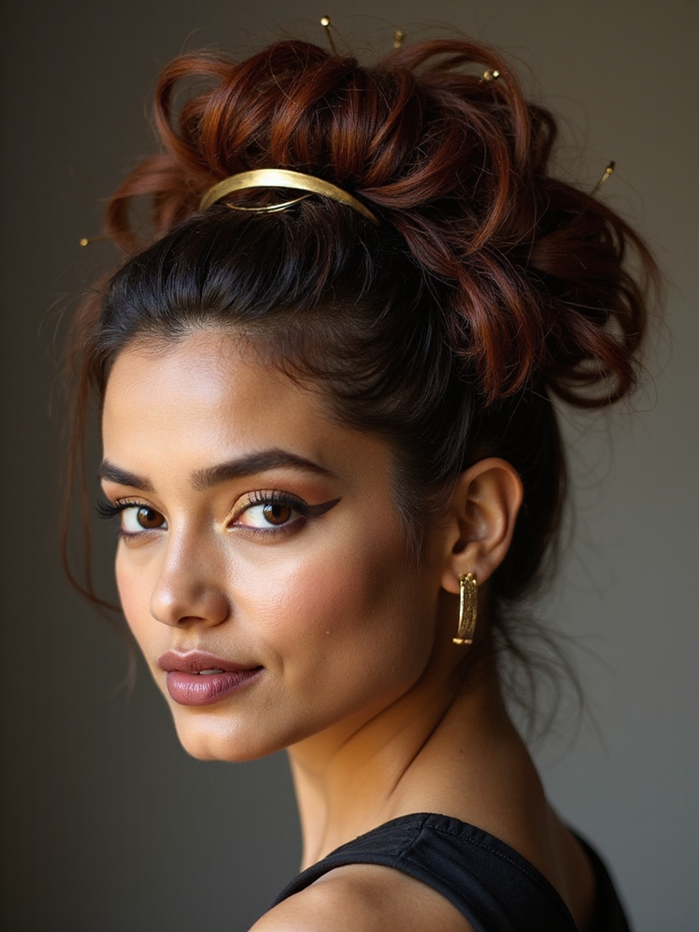textured high bun with accents