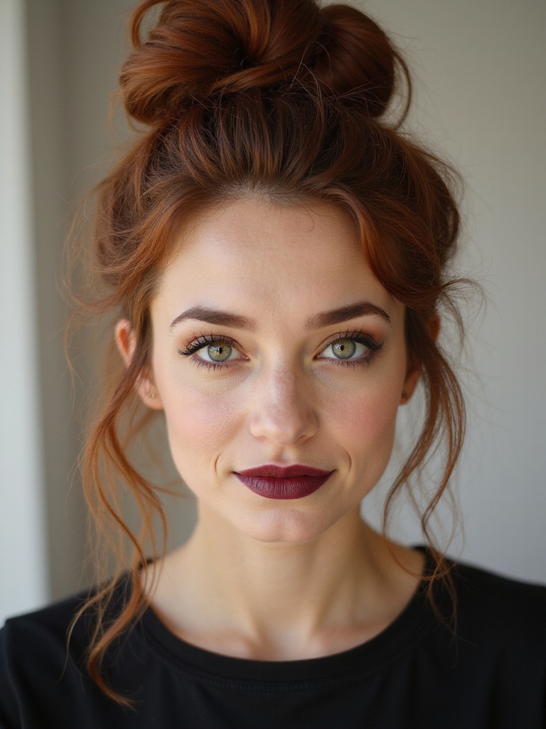 textured high bun with tendrils