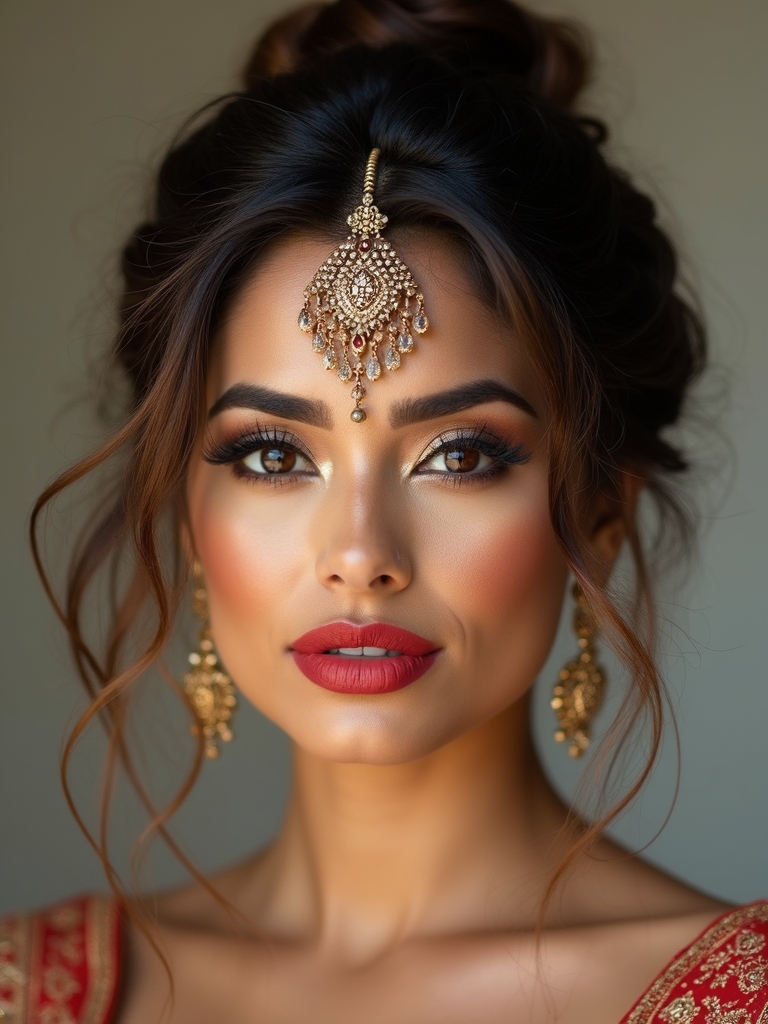 tousled bun with maang tikka
