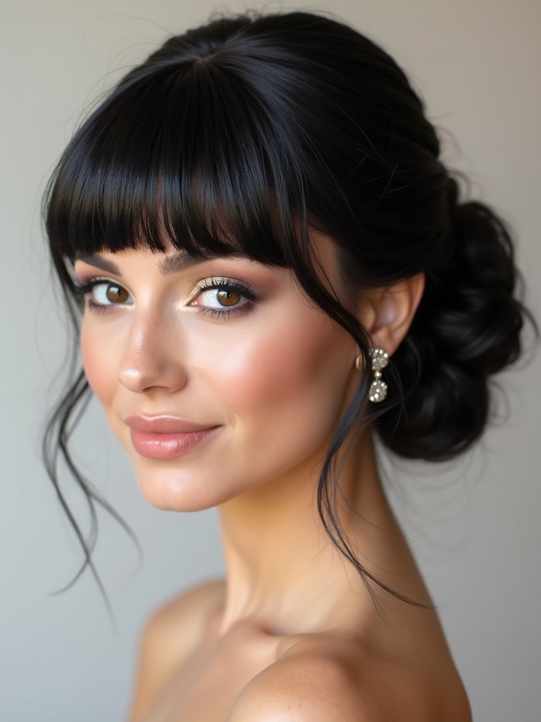 blunt bangs enhance sleek updos