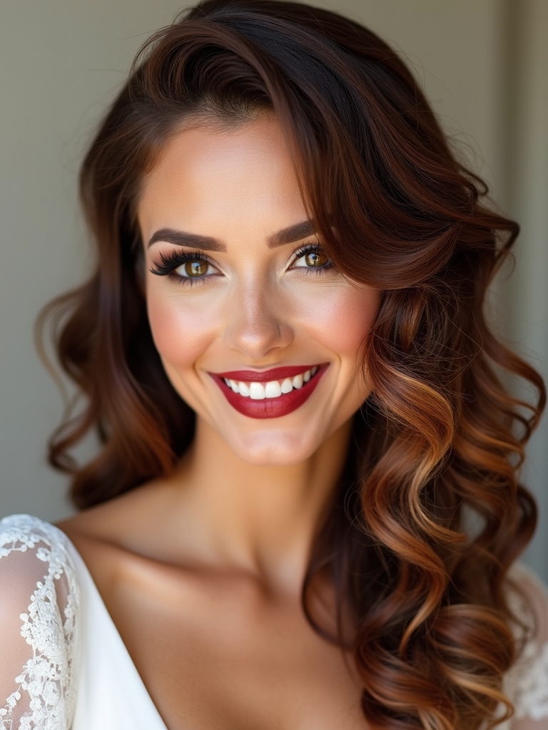 dramatic side swept bridal curls
