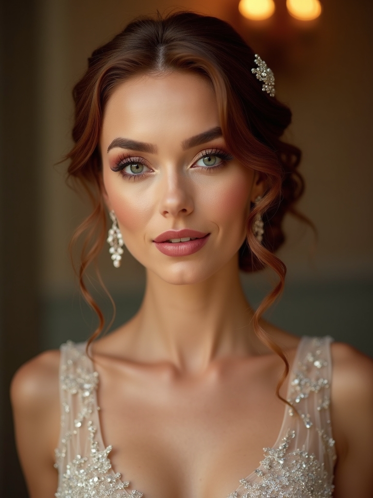 engagement hairstyle and gown