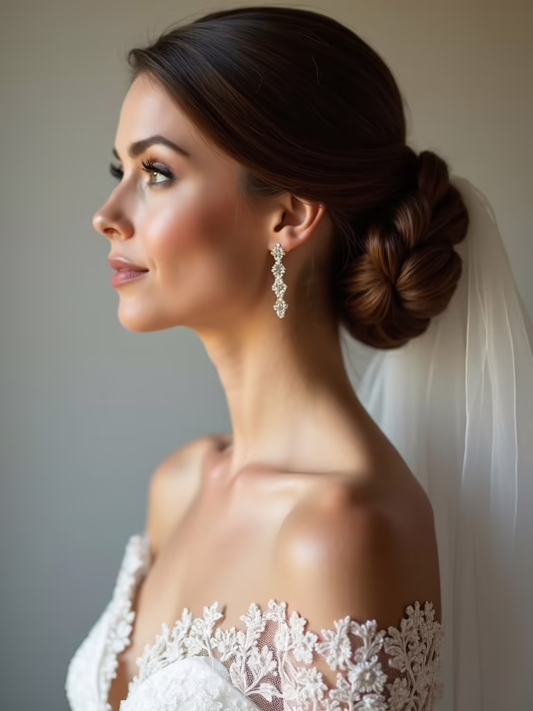 sleek bun with veil