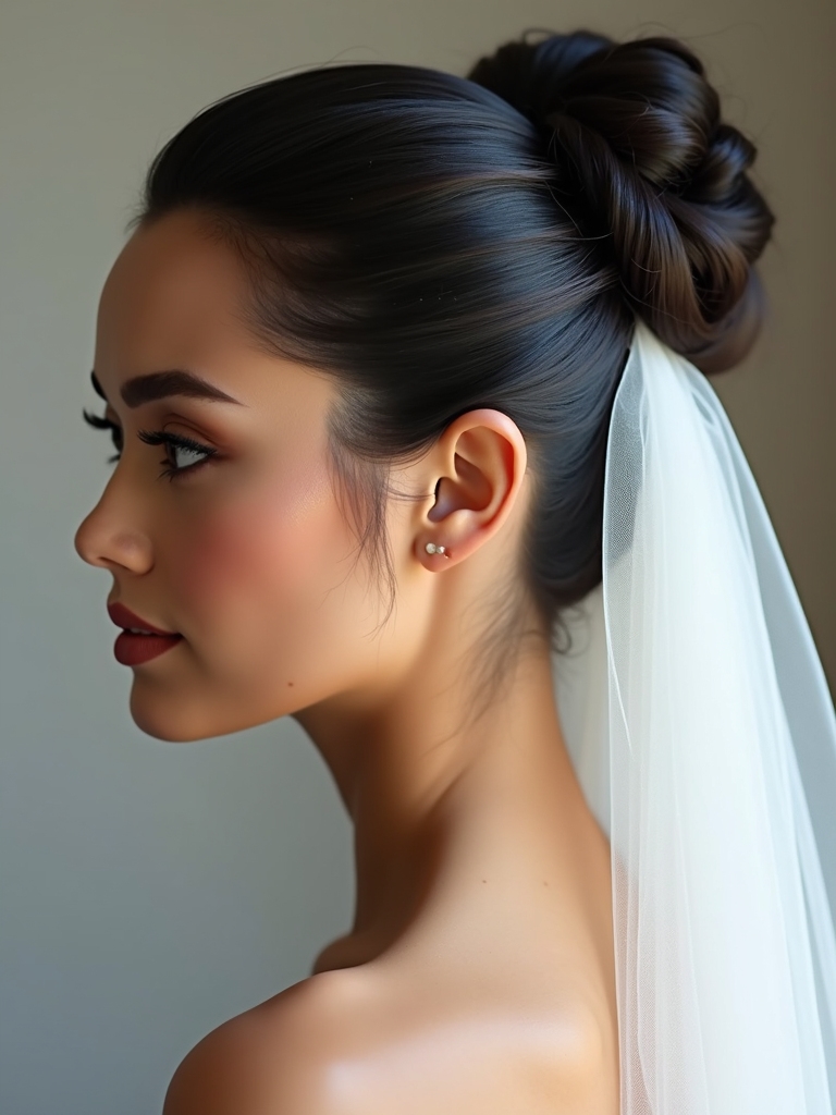 sleek buns with veils