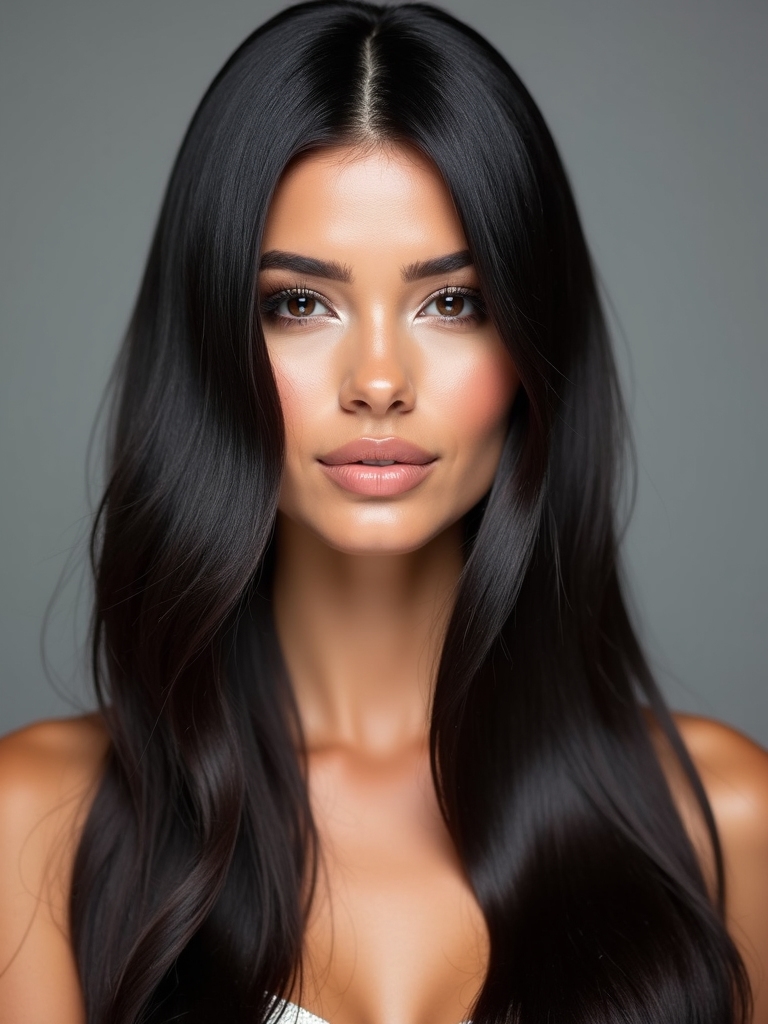 sleek glossy center part hairstyle
