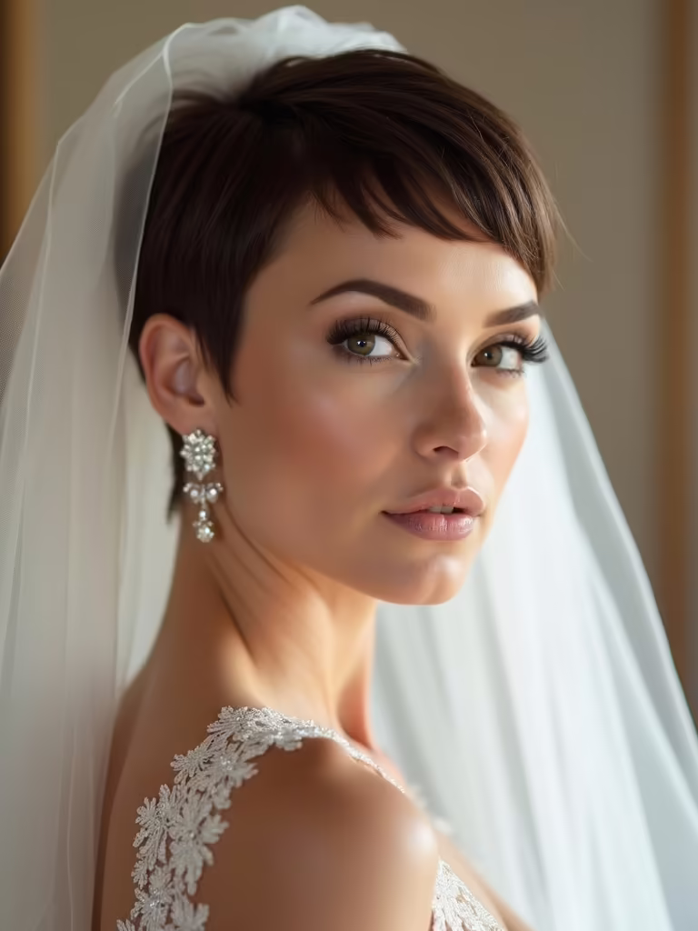 sleek pixie with veil