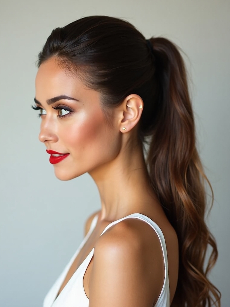 sleek polished dramatic ponytail