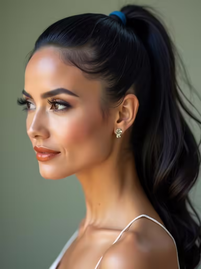 sleek ponytail with tendrils