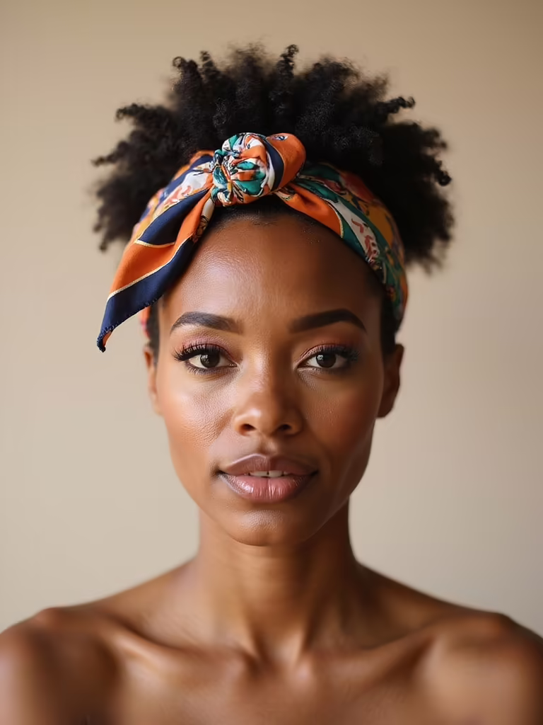 bold scarf wrapped puff hairstyle