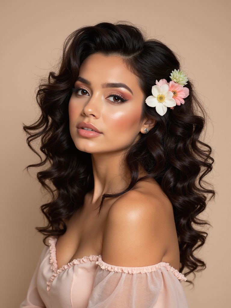 floral accented side swept curls