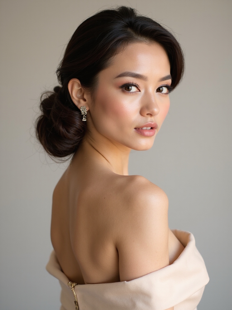 hairstyle complements gown neckline